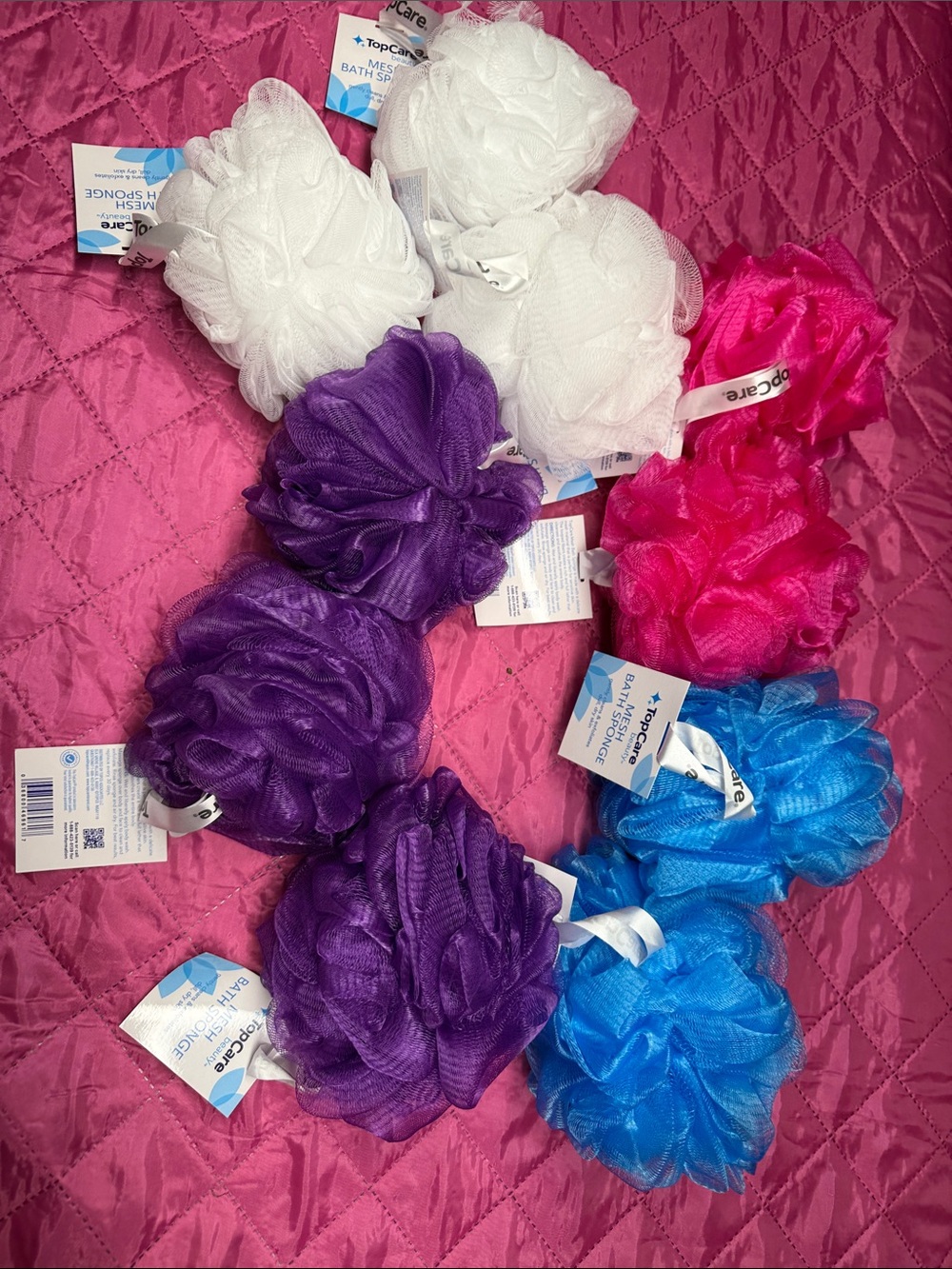 TopCare Bath Pouf Collection - White, Purple, Blue, Pink